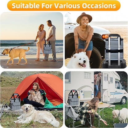 Dog Travel Bag for Camping - Pet Travel Accessories with 2 Collapsible Bowls, 2 Food Containers &amp; Waterproof Feeding Mat - Portable Dog Carrier, Stripe (Small)