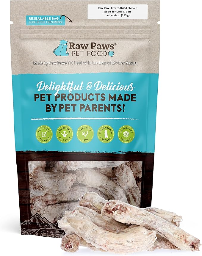 Raw Paws Freeze-Dried Chicken Necks for Dogs &amp; Cats (4-Ounce) - Made in USA - Raw Freeze Dried Dog Treats - Chicken Necks for Cats - Single Ingredient Chews