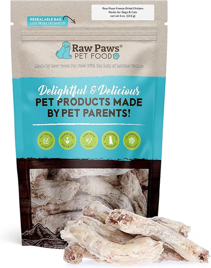 Raw Paws Freeze-Dried Chicken Necks for Dogs &amp; Cats (4-Ounce) - Made in USA - Raw Freeze Dried Dog Treats - Chicken Necks for Cats - Single Ingredient Chews