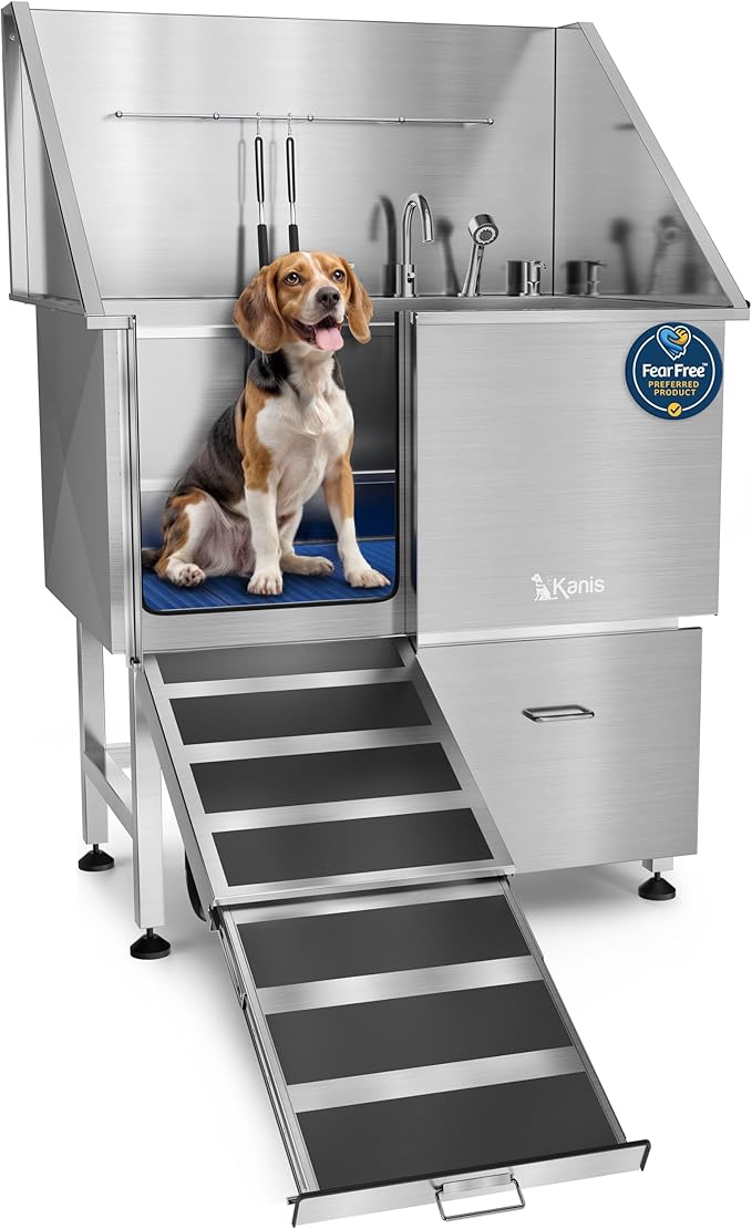 KANIS Professional Stainless Steel Dog Bathing Station - Grooming Tub w/Ramp, Storage Drawer, Floor Grate &amp; Faucet/Dog Bathtub for Large, Medium &amp; Small Pets (40", 1 Drawer - Left RAMP)