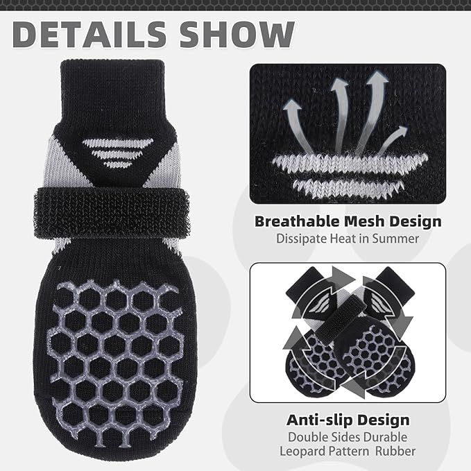 KOOLTAIL Dog Socks for Hot Pavement, Summer Breathable Dog Socks to Prevent Licking Paws, Non Slip Pet Boots&amp; Paw Protectors for Hardwood Floor,Grippy Shoes for Small Medium Large Senior Dogs,Black XS