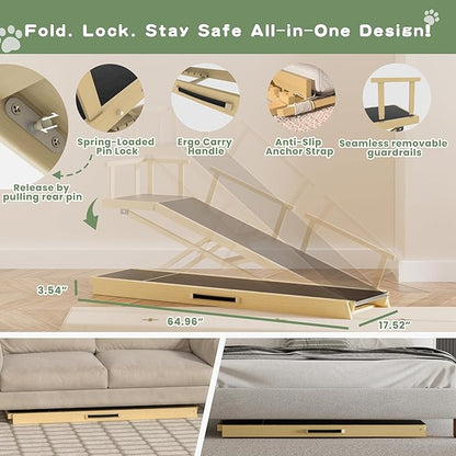 6 Level Height Adjustable Dog Ramp for Bed, Couch 65" Foldable Pet Ramp with Non-Slip Mat，DIY Glow Strips &amp; Rest Platform Heavy Duty Dog Stairs for Large Dogs up to 200Lbs ，Wood Color