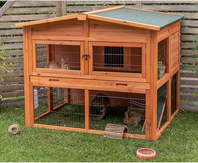TRIXIE natura Outdoor Deluxe Rabbit Hutch with Run - Large 2-Story Rabbit Cage with Non-Slip Ramp - Elevated Small Animal House with Secure Playpen, Hinged Roof &amp; Two Pull-Out Trays - in Natural