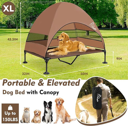 Upgraded Elevated Dog Bed with Canopy, Portable Raised Outdoor Dog Bed with Stable Anti-Slip Feet, Wider Shade Pet Bed Cot, Raised Dog Beds for Large Dogs Camping, Indoor &amp; Outdoor Use
