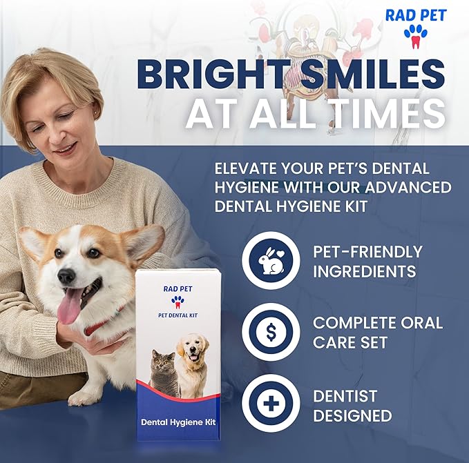 RAD PET - Advanced Pet Dental Hygiene Kit, Vet-Formulated Cat &amp; Dog Tooth Brushing Kit, Complete Oral Care with Cat/Dog Toothbrush and Toothpaste (Enzymatic), Pet Dental Wipes &amp; Water Additive