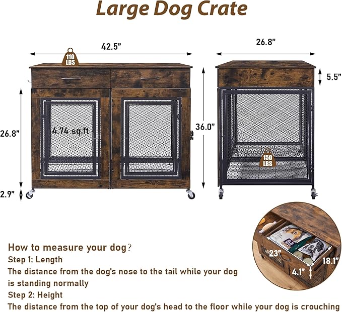 43" Large Dog Crate Furniture, Wood Dog Kennel End Table with Drawers, Decorative Pet Crate with Removable Partitions &amp; Wheels, Dog House Indoor for Large/Medium/Small Dogs