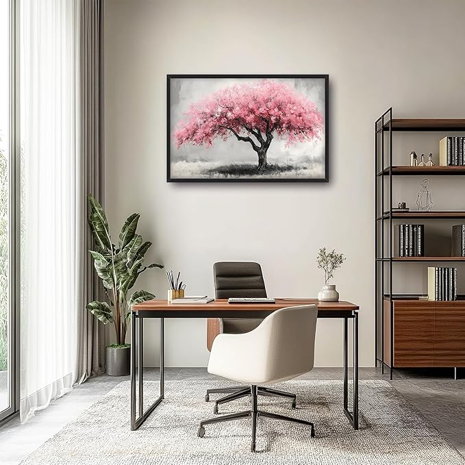 Extra Large Framed Pink Tree Wall Art,Abstract Tree of Life Wall Decor,Pink and Grey Pictures for Living Room,Canvas Print Painting Modern Artwork Bedroom Office Bathroom Home Decor 36L x24W