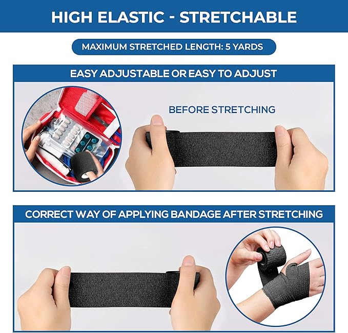 Self Adhesive Bandage Wrap - Pack of 12 Black Color, Non-Woven, Breathable &amp; Water-Resistant Vet Wrap for First Aid, Sports Injury, Body Sprains, &amp; Pets - 2 Inch x 5 Yards