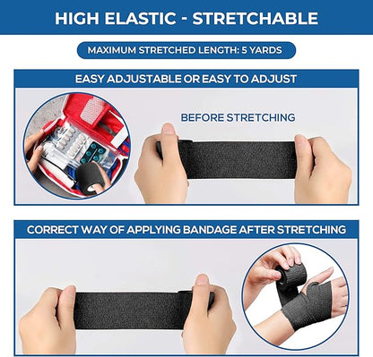 Self Adhesive Bandage Wrap - Pack of 12 Black Color, Non-Woven, Breathable &amp; Water-Resistant Vet Wrap for First Aid, Sports Injury, Body Sprains, &amp; Pets - 2 Inch x 5 Yards