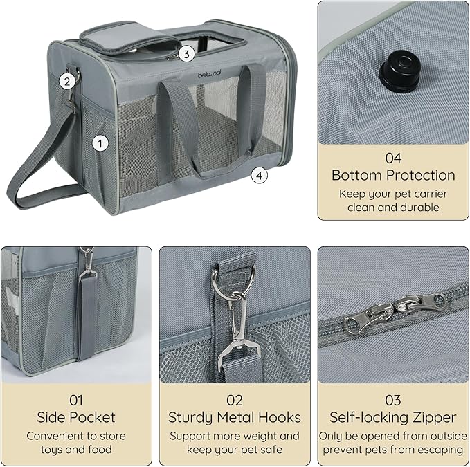 BELLA &amp; PAL Cat Carrier Travel Bag, Airline Approved Lightweight Cat Carrier, Soft Sided Pet Carrier for Puppy Dogs Up to 18lbs, Collapsible Kitten Bag with Removable Waterproof Mat, Ventilated Mesh