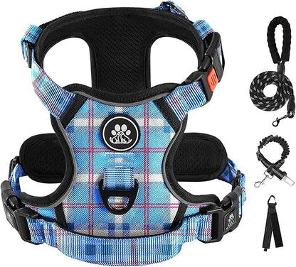 IVY&amp;LANE No Pull Dog Harness with Leash Set, Reflective No Choke Pet Vest,Adjustable Oxford Dog Vest Harness with Easy Control Handle for Medium Lagre Dogs (Checkered Blue,M)