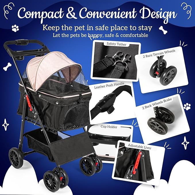 Pet Stroller with 4 Rolling Casters for Pets – Lightweight Multifunctional Travel Stroller with Mesh Windows, Cup Holder, Sun Shades &amp; Storage Pocket for Puppy and Kitty