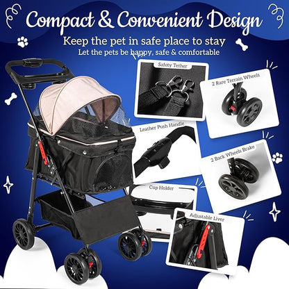 Pet Stroller with 4 Rolling Casters for Pets – Lightweight Multifunctional Travel Stroller with Mesh Windows, Cup Holder, Sun Shades &amp; Storage Pocket for Puppy and Kitty