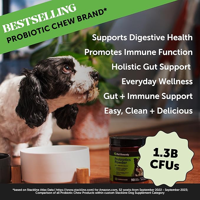 All-Natural Probiotic &amp; Pumpkin Powder Dog Supplement - Prebiotics, Probiotics, Enzymes &amp; Antioxidants for Healthy Gut Flora, Digestion &amp; Immunity (90 Scoops)