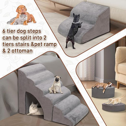Foam Dog Stairs &amp; Steps Ramps for High Beds 30 inches Tall for Small Dogs and Cats, LitaiL 6 Step Pet Stairs Steps for High Beds 30 inch Large Dogs, Non-Slip Dog Ramps for Older Cat