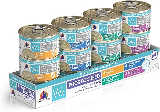 Weruva Wx Phos Focused, Pate &amp; Gravy Formulas Variety Pack, 3oz Can (Pack of 12)