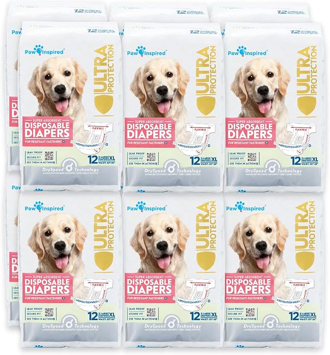 Paw Inspired Disposable Dog Diapers | Female Dog Diapers Ultra Protection | Diapers for Dogs in Heat, Excitable Urination, or Incontinence (12&amp;144 Count) (X-Large (144 Count))