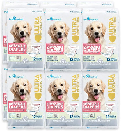 Paw Inspired Disposable Dog Diapers | Female Dog Diapers Ultra Protection | Diapers for Dogs in Heat, Excitable Urination, or Incontinence (12&amp;144 Count) (X-Large (144 Count))