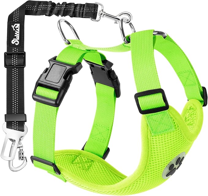 SlowTon Dog Seat Belt Harness for Car, Dog Car Harness Adjustable Mesh Breathable &amp; Dog Seatbelt Safety Tether with Elastic Bungee for Small Medium Large Pets(Lime, Double Clip, XS)