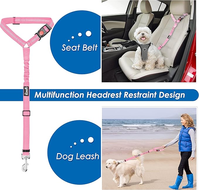 Lukovee Dog Seatbelt Leash for Cars, 2 Pack Pet Safety Seat Belt with Adjustable Buckle &amp; Reflective Bungee, Connect Dog Harness in Vehicle Dogs Restraint Travel Daily Use (Pink)