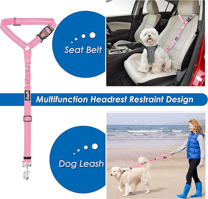 Lukovee Dog Seatbelt Leash for Cars, 2 Pack Pet Safety Seat Belt with Adjustable Buckle &amp; Reflective Bungee, Connect Dog Harness in Vehicle Dogs Restraint Travel Daily Use (Pink)