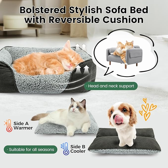 Miguel Washable Cat Beds for Indoor Cats with Removable Cushion, Easy to Wash Small Pet Sofa Bed with Side, Rectangle Bolster Kitten Bed Calming Cuddle Puppy Bed with Anti-Slip Bottom, Gray 20 Inch