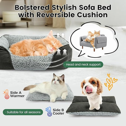 Miguel Washable Cat Beds for Indoor Cats with Removable Cushion, Easy to Wash Small Pet Sofa Bed with Side, Rectangle Bolster Kitten Bed Calming Cuddle Puppy Bed with Anti-Slip Bottom, Gray 20 Inch