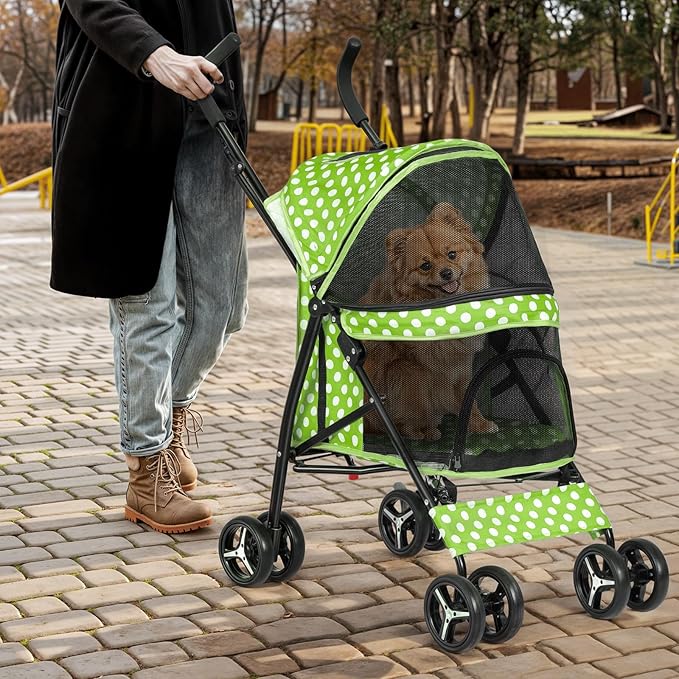 Magshion Compact Pet Stroller for Small-Medium Dogs/Cats up to 22lbs, 4-Wheel Lightweight Umbrella Shaped Portable Puppy Travel Jogger with Breathable Mesh &amp; Rear Storage, Lawn Green Polka Dots