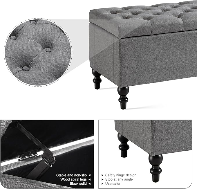 Ottoman with Storage,50.2-inch Upholstered End of Bed Storage Bench for Bedroom,for The Living Room,for Entryway, with Tray &amp; Button and Safety Hinges,Detachable (Grey)