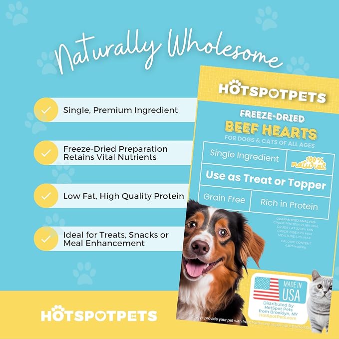 hotspot pets Freeze Dried Beef Heart Treats for Cats &amp; Dogs - 1LB Resealable Big Bag, Made in USA, Single Ingredient All Natural Grain-Free Immune support Treats -Perfect for Training, Topper or Snack