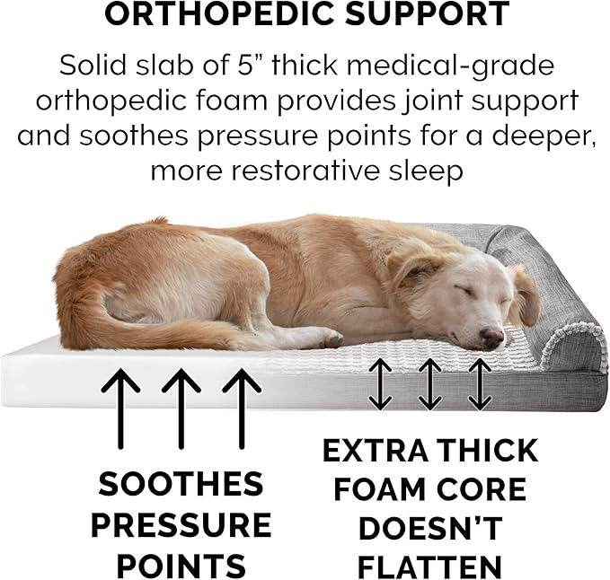 Furhaven Orthopedic Dog Bed for Large Dogs w/ Removable Bolsters &amp; Washable Cover, For Dogs Up to 125 lbs - Luxe Faux Fur &amp; Performance Linen Sofa - Charcoal, Jumbo Plus/XXL