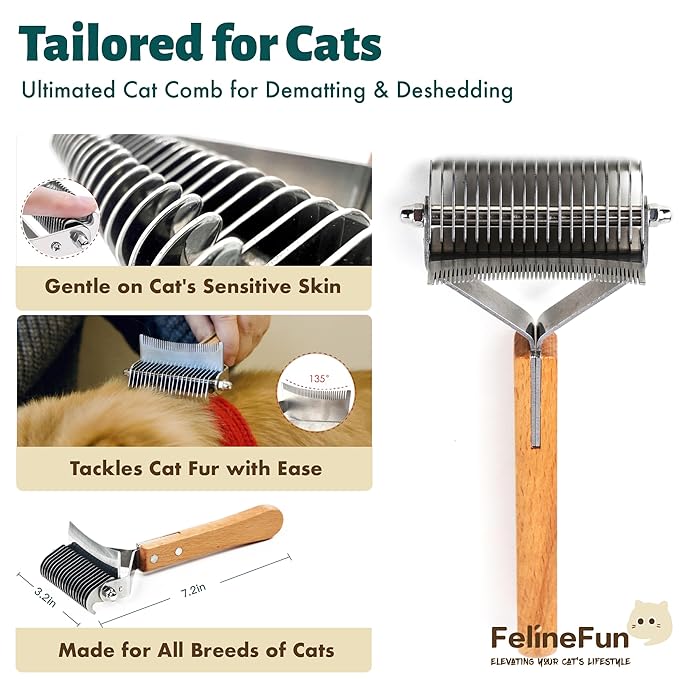 FelineFun Cat Brush for Dematting &amp; Deshedding, 2 in 1 Undercoat Rake, Efficiently Remove Loose Hair &amp; Matted Fur, Professional Shedding Comb for Indoor Cats &amp; Long Haired Cats