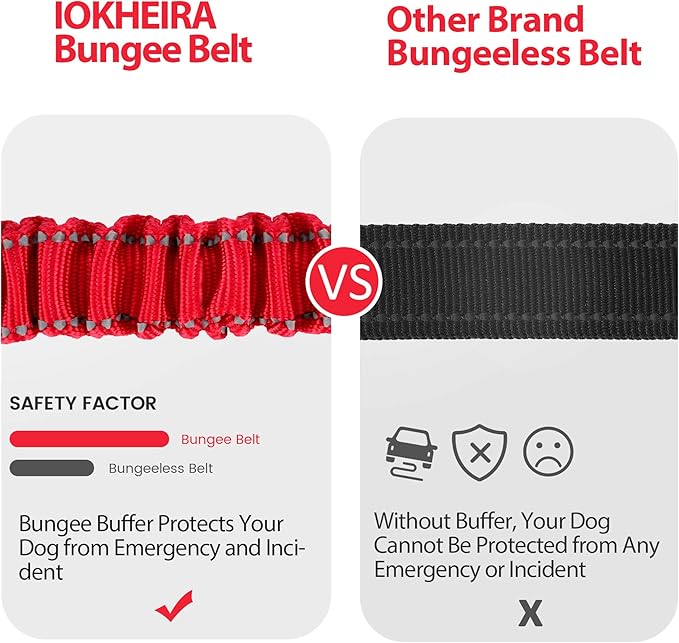 IOKHEIRA Dog Seatbelt, Updated Dog Seat Belt, Reflective Bungee Dog Car Harness, Multifunctional Pet Safety Belt with Hook Latch &amp; Seatbelt Buckle, Swivel Aluminum Carabiner, Red