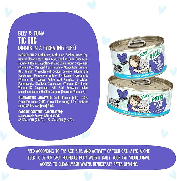 Weruva B.F.F. Play - Best Feline Friend Paté Lovers, Aw Yeah!, Beef &amp; Tuna Tic TOC with Beef &amp; Tuna, 2.8oz Can (Pack of 12)