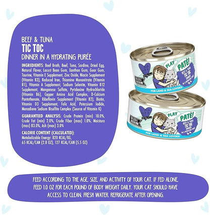 Weruva B.F.F. Play - Best Feline Friend Paté Lovers, Aw Yeah!, Beef &amp; Tuna Tic TOC with Beef &amp; Tuna, 2.8oz Can (Pack of 12)