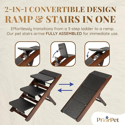 Dog Steps for Bed &amp; Couch 2-in-1 Dog Stairs/Ramp - Height Adjustable Dog Ramp for Couch 7” - 20” - Pet Stairs, Dog Stairs for Small Dogs - Easy to Move Pet Steps with Landing Platform, Walnut