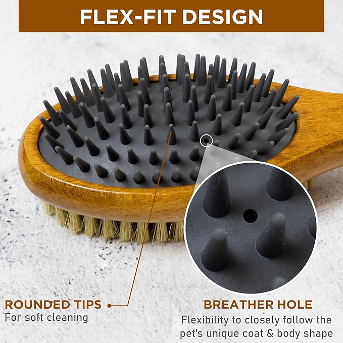 TAKAVU Short Hair Dog &amp; Cat Deshedding Brush - Double Sided Grooming Tool with Silicone Massage &amp; Bristle Sides - Removes Loose Fur &amp; Dirt - Wood Handle
