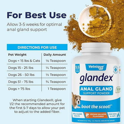 Glandex Dog Fiber Supplement Powder for Anal Glands with Pumpkin, Digestive Enzymes &amp; Probiotics - Vet Recommended (Regular or Advanced Strength) - Boot The Scoot (5.5 oz, Vegan Salmon)