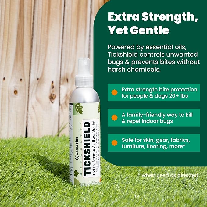 Cedarcide Extra- Strength Tickshield | Deep Woods Cedar Oil Tick &amp; Mosquito Repellent Spray Kills &amp; Repels Ticks, Fleas, Chiggers and Mosquitoes| For People &amp; Pets | Natural Essential Oils | 4 Oz