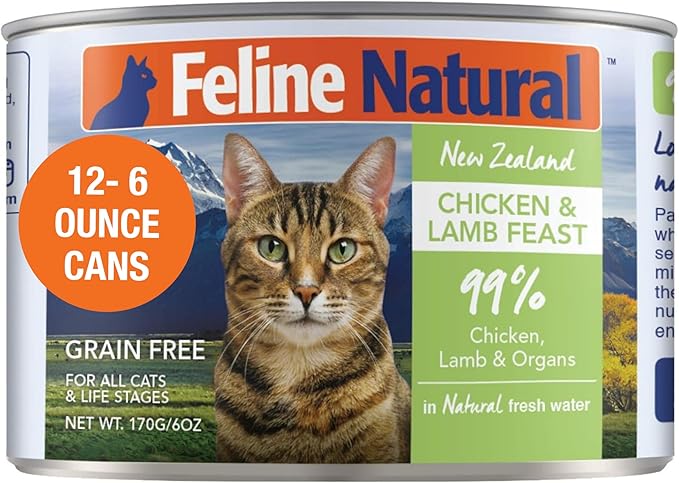 Feline Natural New Zealand Canned Catfood Wet Food, High-Meat, Low-Carb, &amp; Grain Free Cat Food Wet, Chicken and Lamb Feast, 6 oz, Pack of 12