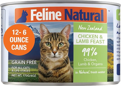 Feline Natural New Zealand Canned Catfood Wet Food, High-Meat, Low-Carb, &amp; Grain Free Cat Food Wet, Chicken and Lamb Feast, 6 oz, Pack of 12