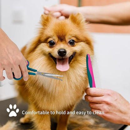 Professional 5 in 1 Pet Grooming Kit - Stainless Steel Dog &amp; Cat Grooming Scissors with Rounded Tip Blades for Safe Fur Trimming, Thinning Shears, Straight Scissors, and Pet Comb (Green 5 in 1)