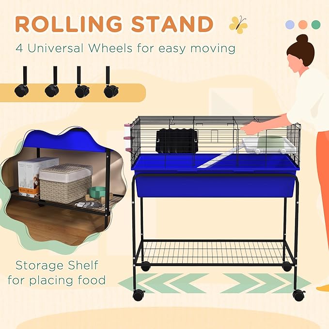 PawHut Two-Story Small Animal Cage Removable from Stand, Guinea Pig Cage with Shelf &amp; Wheels, Pet Habitat for Hedgehog, Chinchilla, Ferret, 33" x 18.5" x 35", Blue