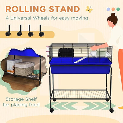 PawHut Two-Story Small Animal Cage Removable from Stand, Guinea Pig Cage with Shelf &amp; Wheels, Pet Habitat for Hedgehog, Chinchilla, Ferret, 33" x 18.5" x 35", Blue