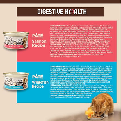Wellness CORE+ Digestive Health Pate Adult Wet Cat Food, Natural, Protein-Rich, Grain Free, 3 Ounce, 12 Pack (Salmon &amp; Whitefish Variety Pack)