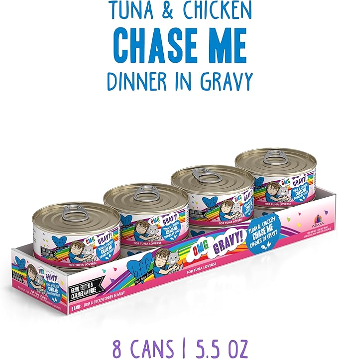 Weruva B.F.F. OMG - Best Feline Friend Oh My Gravy!, Tuna &amp; Chicken Chase Me with Tuna &amp; Chicken, 5.5oz Can (Pack of 8)