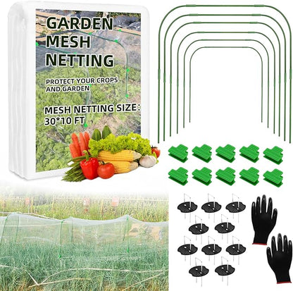 Garden Netting Kit, 10X30 Ft Garden Ultra Fine Mesh Net Bird Barrier Protection with Garden Hoops for Protect Garden Vegetables Flowers Shrubs Fruit Trees Indoors &amp; Outdoors Plant Beds Greenhouse