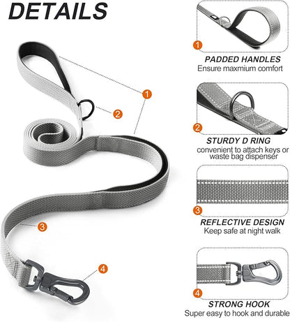 TwoEar 4FT 1IN Strong Gray Dog Leash with 2 Padded Handles, Traffic Handle Extra Control, Comfortable Soft Dual Handle, Auto Lock Hook, Reflective Walking Lead for Small Medium and Large Dogs