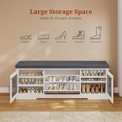 Farmhouse Storage Bench with Flip Drawers &amp; Padded Seat Cushion, Half Hidden Shoe Rack Organizer, Adjustable Shelf Shoe Cabinet for Large Family, Entryway, Bedroom, Living Room (White)