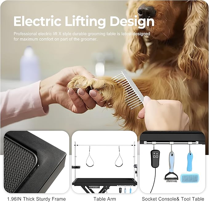 Electric Pet Grooming Table for Large Dogs - Professional Heavy Duty Height Adjustable Pet Grooming Station with Anti Slip Tabletop, Two Nooses &amp; Tool Organizer, Maximum Capacity Up to 250 lbs Black